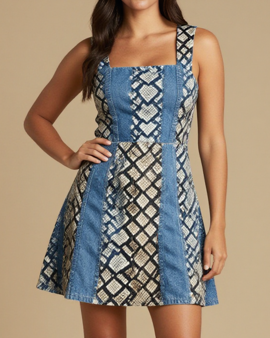 Rattlesnake Diamond Structured Mini Dress – Front View – Jessie – Blue Denim
