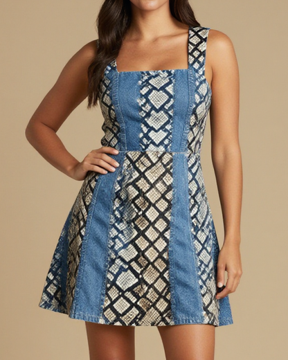 Rattlesnake Diamond Structured Mini Dress – Front View – Jessie – Blue Denim
