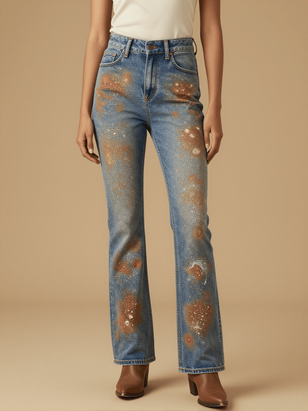 Lantern Glow Speckle Bootcut Jeans – Front View – Riley – Faded Blue / Warm Copper