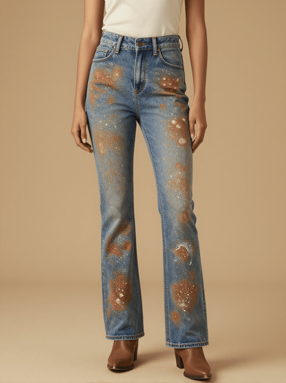 Lantern Glow Speckle Bootcut Jeans – Front View – Riley – Faded Blue / Warm Copper