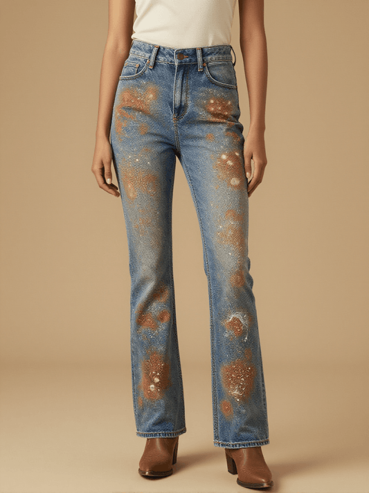 Lantern Glow Speckle Bootcut Jeans – Front View – Riley – Faded Blue / Warm Copper