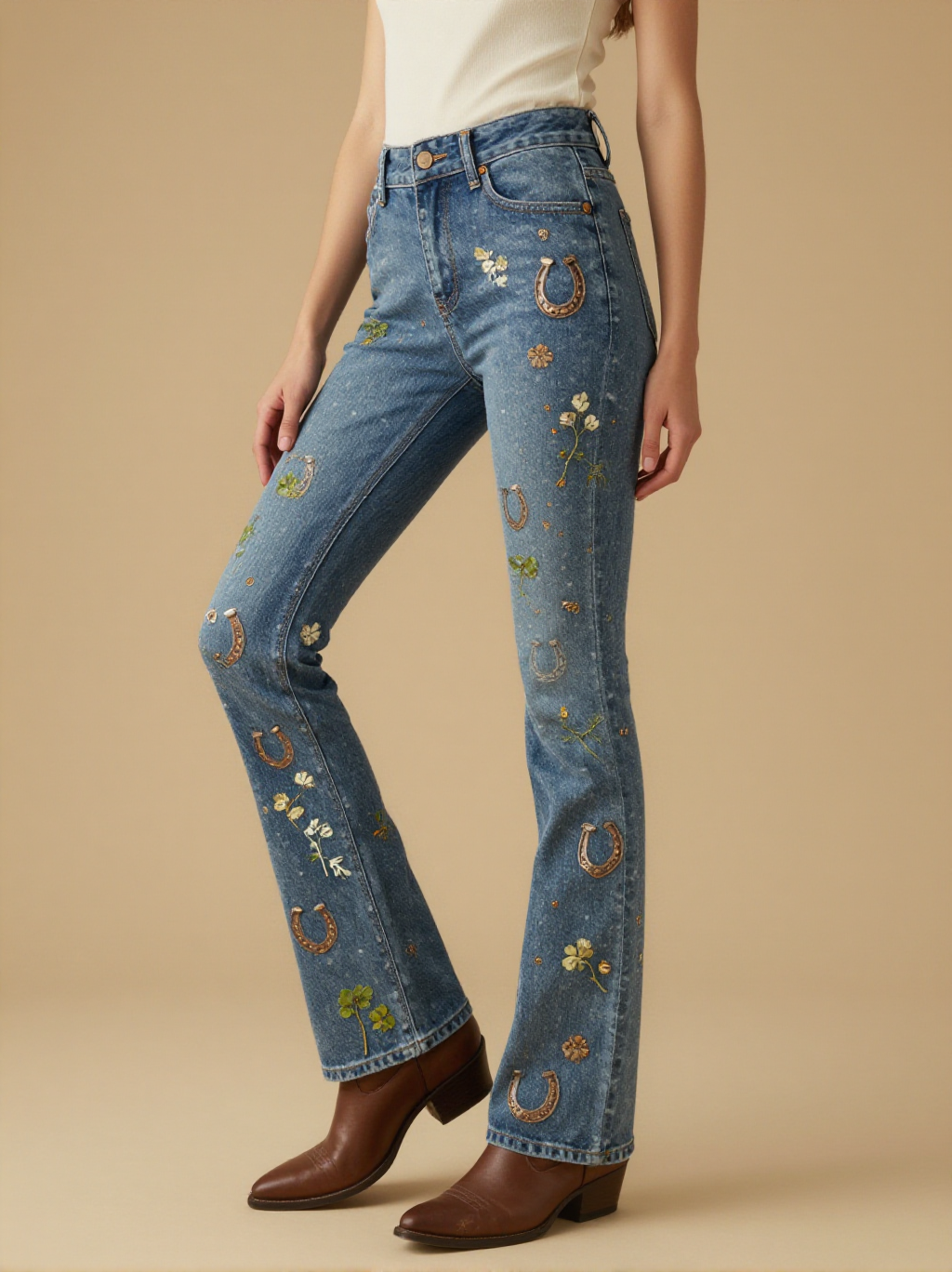 Horseshoe Clover Bootcut Jeans – Front View – Jessie – Lucky Iron / Deep Indigo