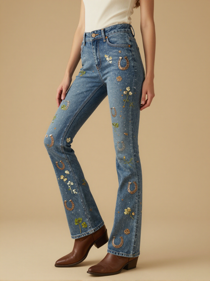 Horseshoe Clover Bootcut Jeans – Front View – Jessie – Lucky Iron / Deep Indigo