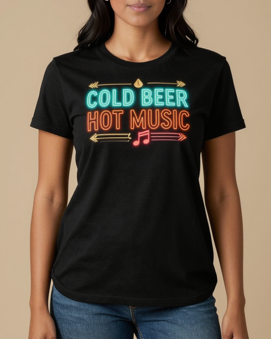 Cold Beer Hot Music Washed Tee – Front View – Mara – Black / Turquoise / Coral