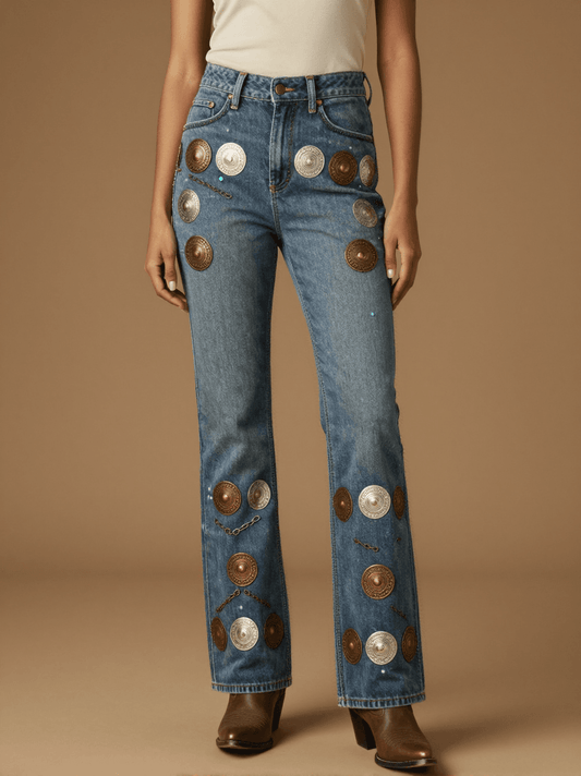 Concho Scatter Bootcut Jeans – Front View – Jessie – Indigo