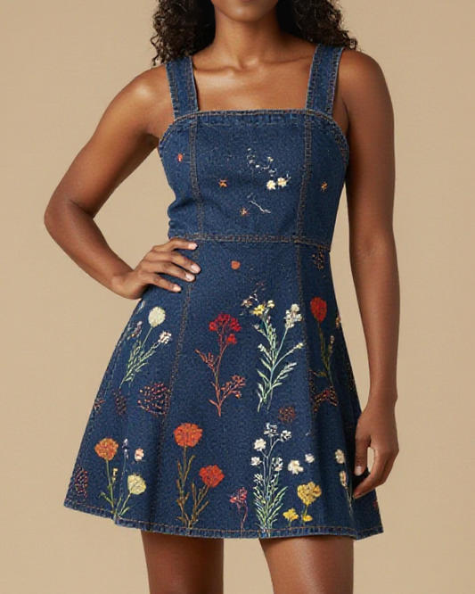 Ticket Stub Wildflowers Structured Mini Dress – Front View – Amara – Blue / Wildflower Multi