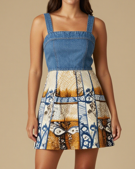 Fairground Bulb Stripe Structured Mini Dress – Front View – Jessie – Indigo / Copper / Trail Bone