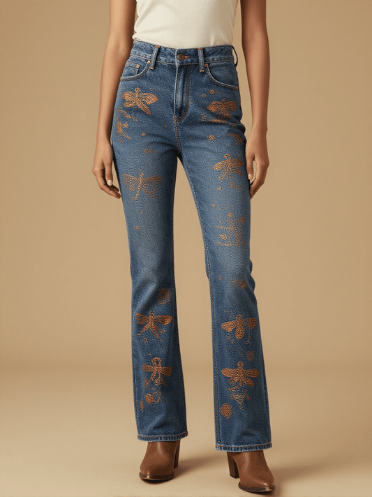 Copper Firefly Ticking Bootcut Jeans – Front View – Riley – Indigo / Copper / Trail Bone