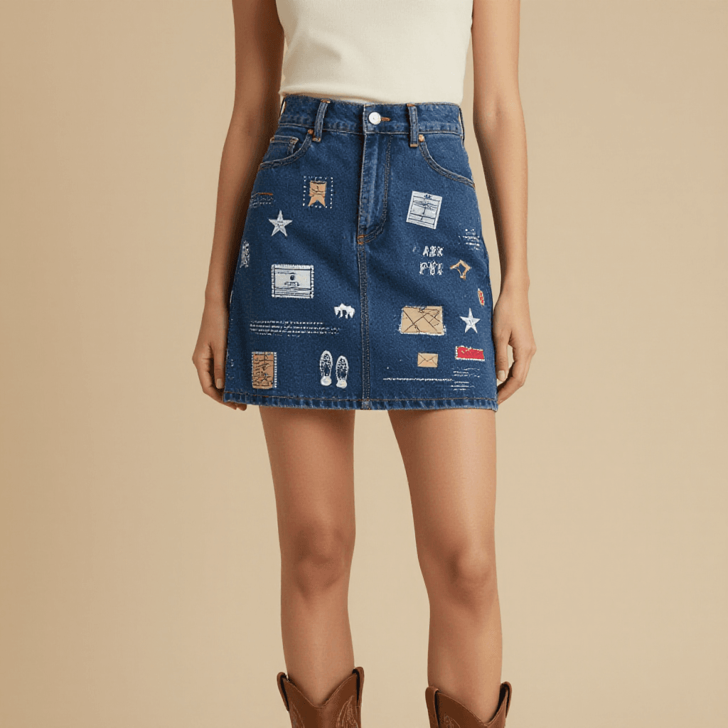 Star Route Denim Mini Skirt – Front View – Jessie