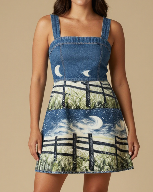 Moonlit Fence Rhythm Structured Mini Dress – Front View – Jessie – Midnight Indigo / Copper / Trail Bone