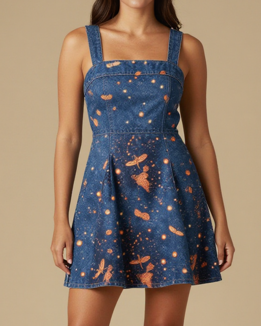 Firefly Dance Dust Structured Mini Dress – Front View – Jessie – Indigo / Copper / Trail Bone