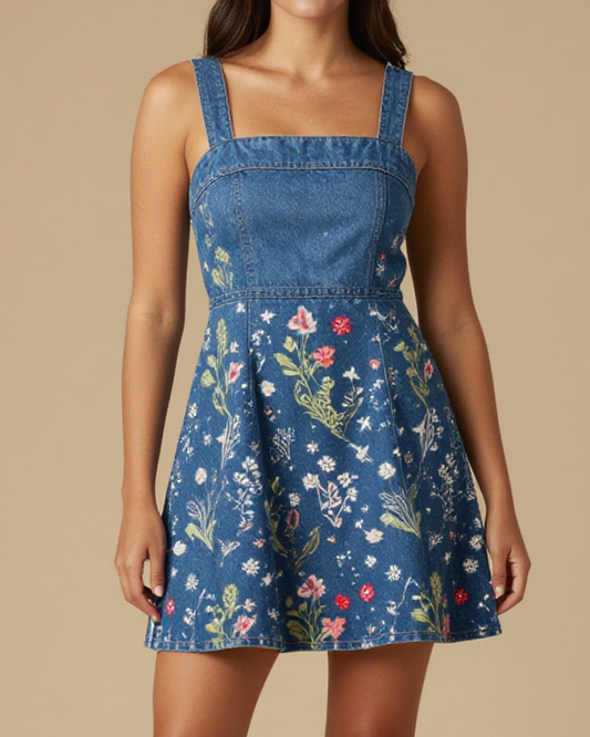 Porch Song Bloom Structured Mini Dress – Front View – Jessie – Indigo / Sage / Copper