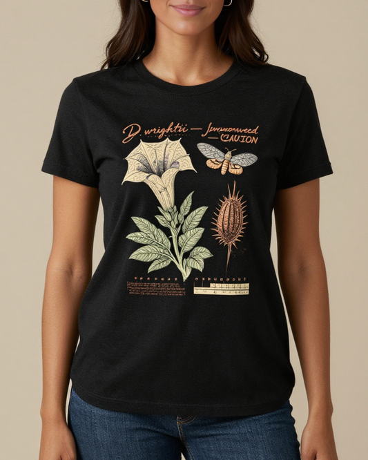Sacred Datura Specimen Washed Tee – Front View – Riley – Black / Cream / Copper