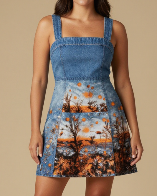 Campfire Ember Field Structured Mini Dress – Front View – Jessie – Indigo / Copper / Trail Bone