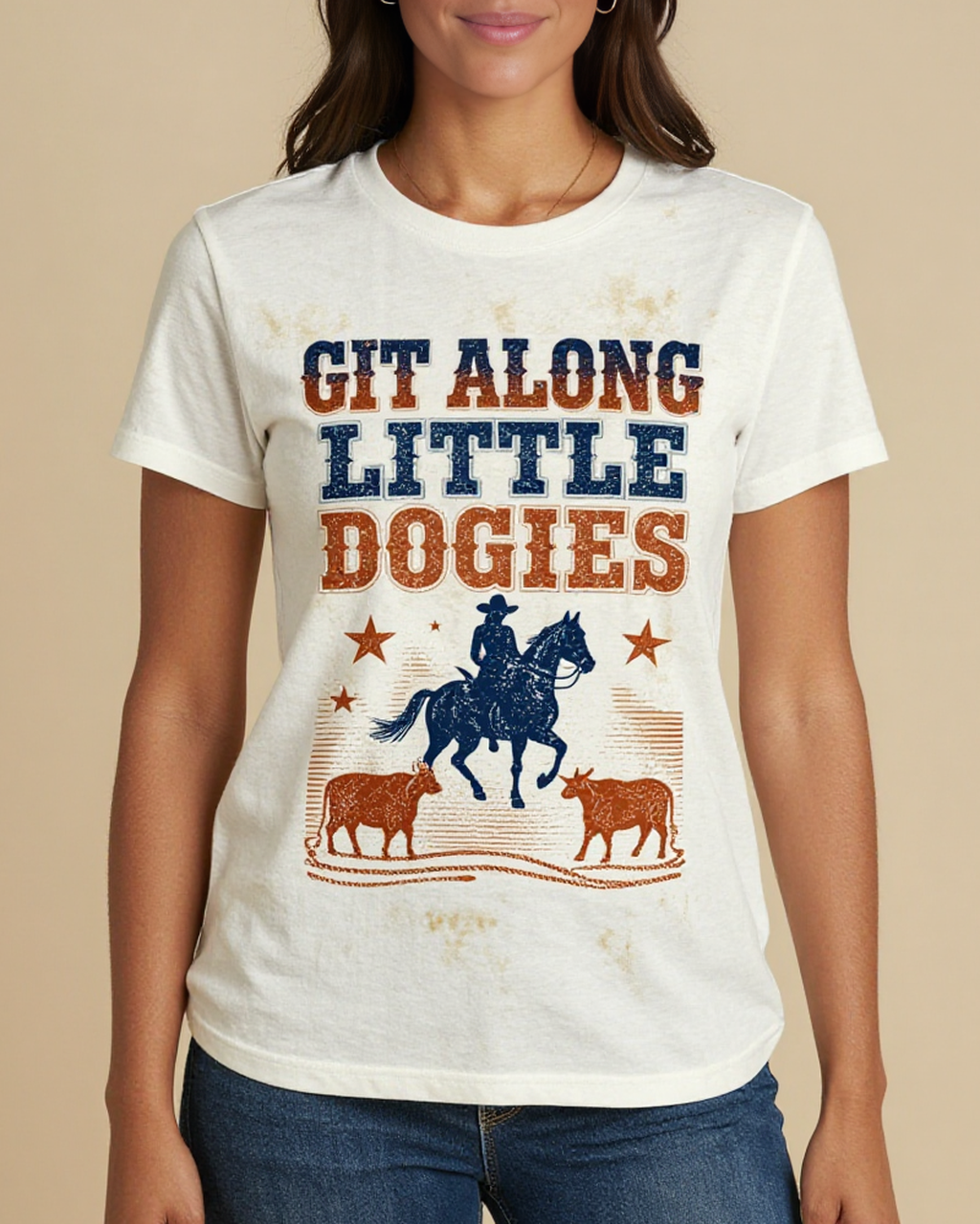 Little Dogie Type Washed Tee – Front View – Jessie – White