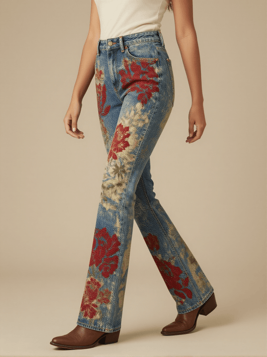 Bold Roan Cluster Bootcut Jeans – Front View – Mara – Faded Denim / Roan Red / Cream