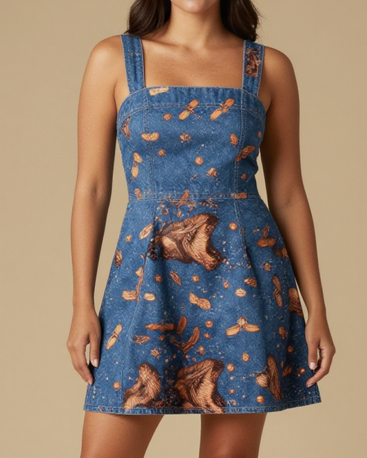 Copper Firefly Ticking Structured Mini Dress – Front View – Jessie – Indigo / Copper / Trail Bone