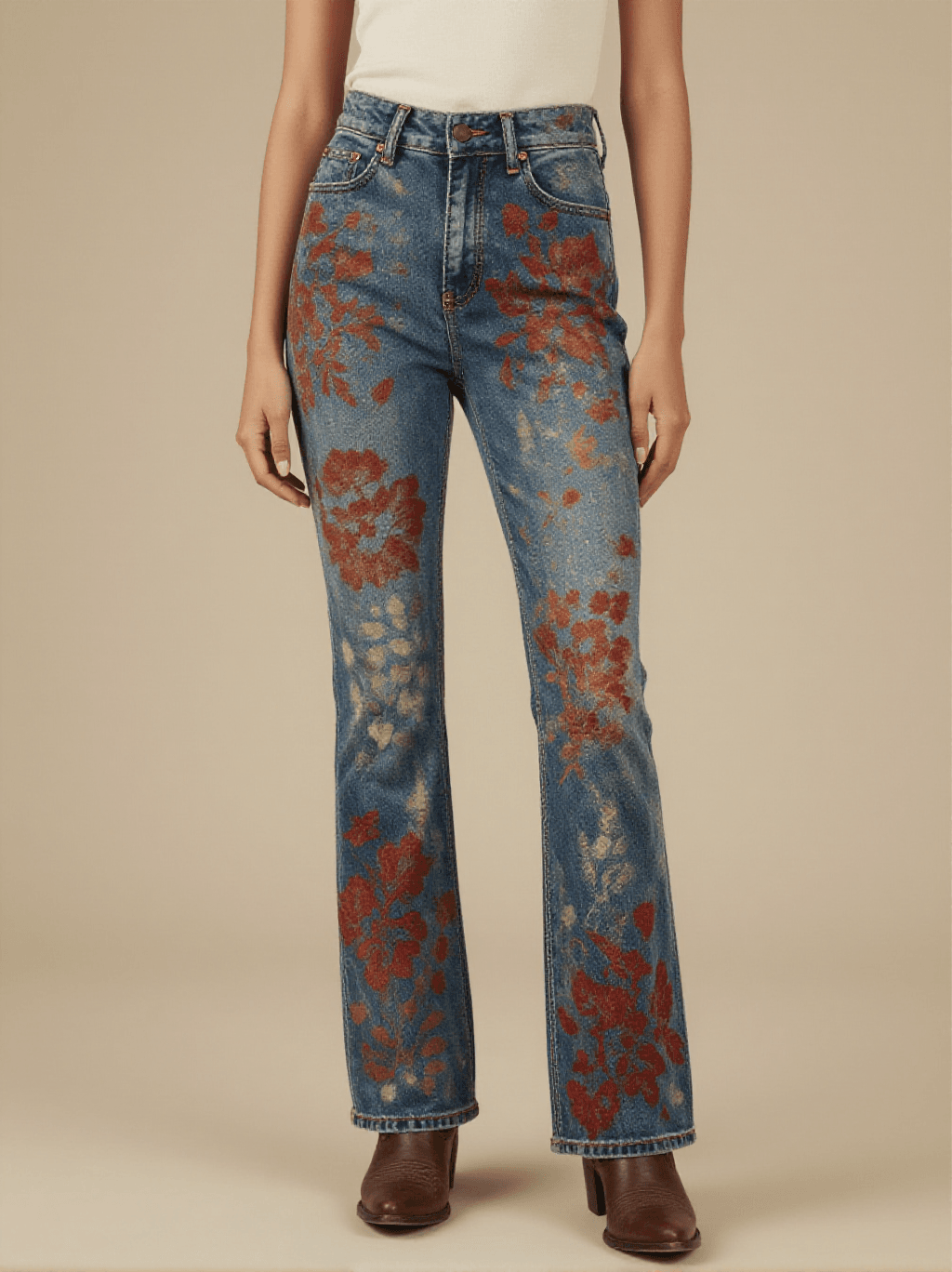 Rust Brocade Roan Bootcut Jeans – Front View – Riley – Weathered Indigo / Roan Red / Trail Bone