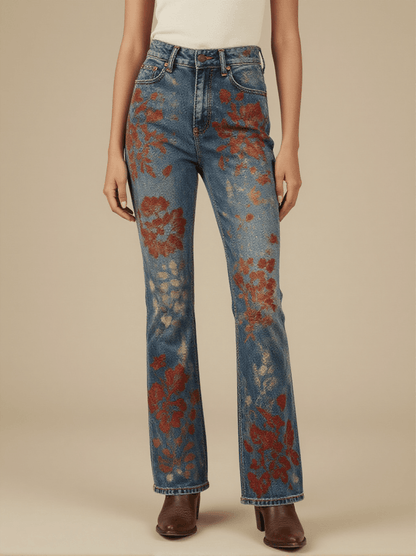 Rust Brocade Roan Bootcut Jeans – Front View – Riley – Weathered Indigo / Roan Red / Trail Bone