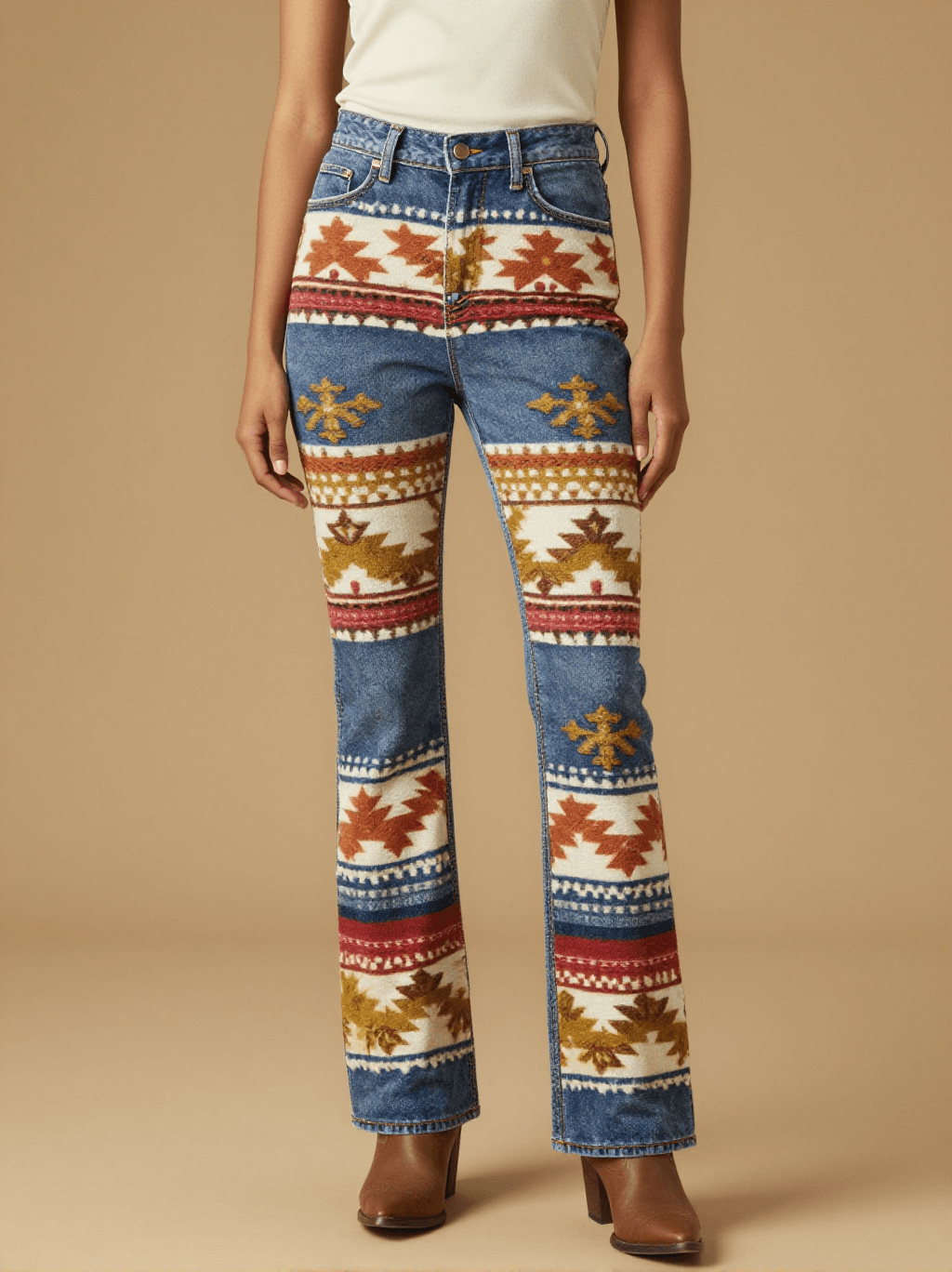 Trade Blanket Classic Bootcut Jeans – Front View – Jessie – Cream / Terracotta / Indigo / Gold