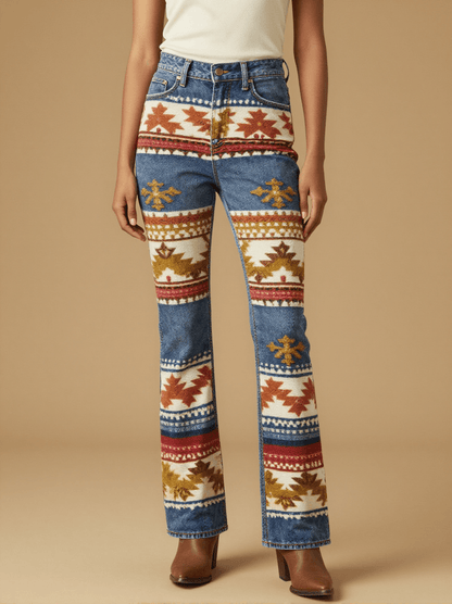 Trade Blanket Classic Bootcut Jeans – Front View – Jessie – Cream / Terracotta / Indigo / Gold