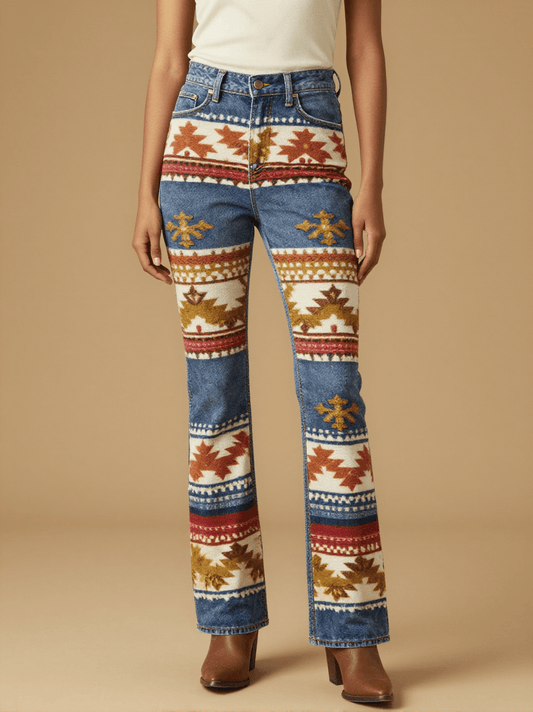 Trade Blanket Classic Bootcut Jeans – Front View – Jessie – Cream / Terracotta / Indigo / Gold
