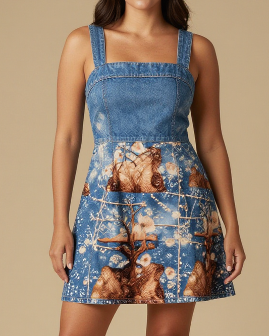 Trail Light Trellis Structured Mini Dress – Front View – Jessie – Midnight Indigo / Copper / Trail Bone