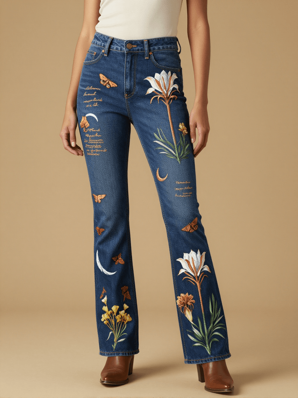 Nocturnal Bloom Cabinet Bootcut Jeans – Front View – Dottie – Midnight Indigo / Cream / Gold