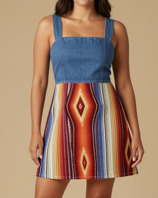 Saltillo Classic Center Structured Mini Dress – Front View – Riley – Cream / Terracotta / Indigo