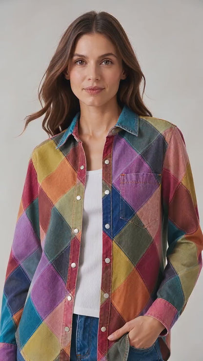 Prairie Patchwork Multicolor Geometric Long Sleeve Denim Shirt