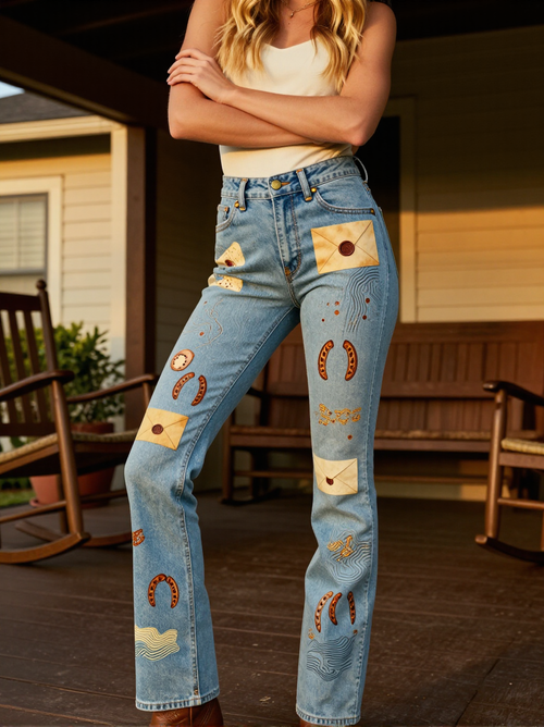 Calamity's Trail — model wearing printed jeans