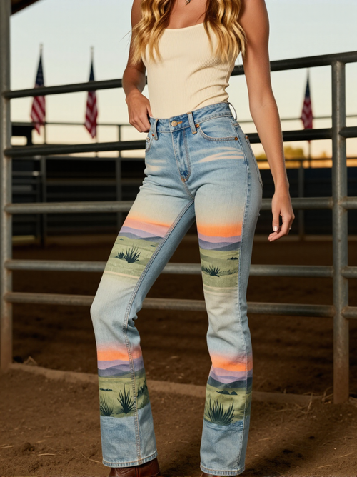 Sagebrush Sunset — model wearing printed jeans
